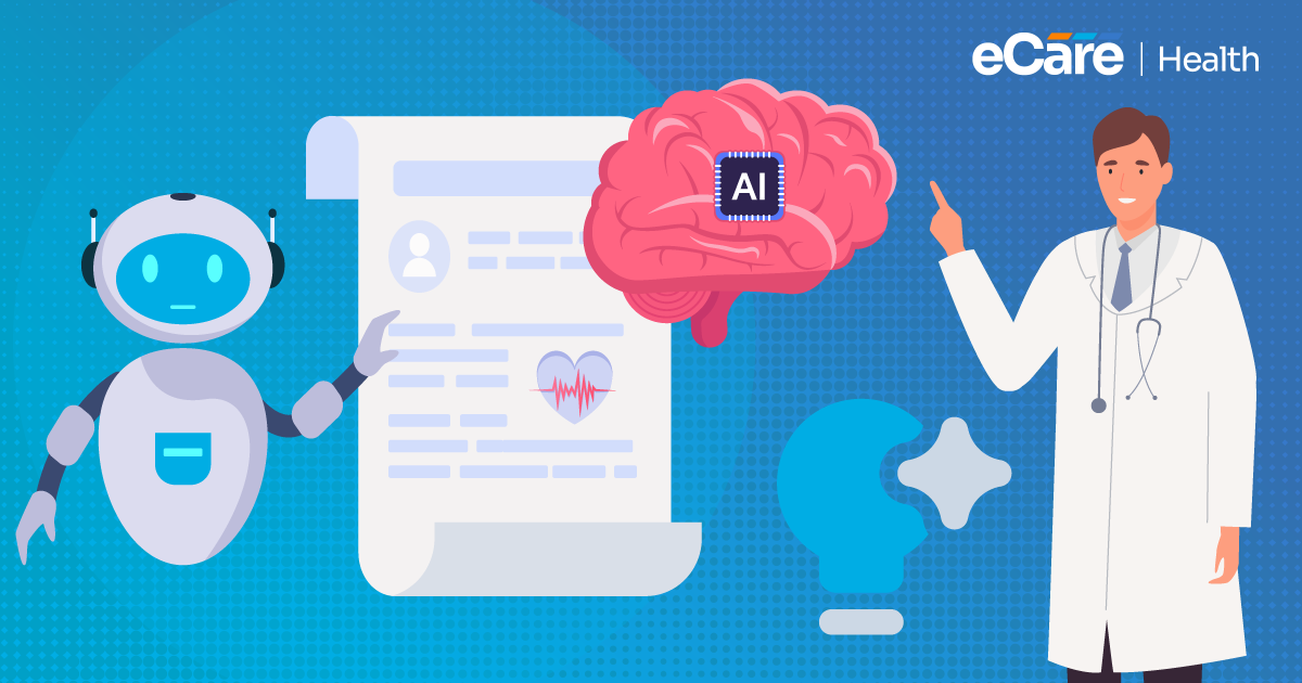 A robot and a clinician either side of a clinical note topped with an AI-chipped brain, illustrating AI-assisted mental health documentation.