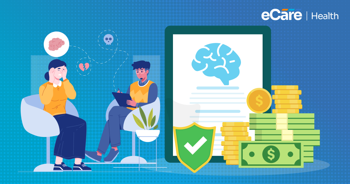 Behavioral Health Billing in 2026: two clinicians in a therapy session beside a claim document, a verified shield, and stacks of coins representing faster reimbursement.