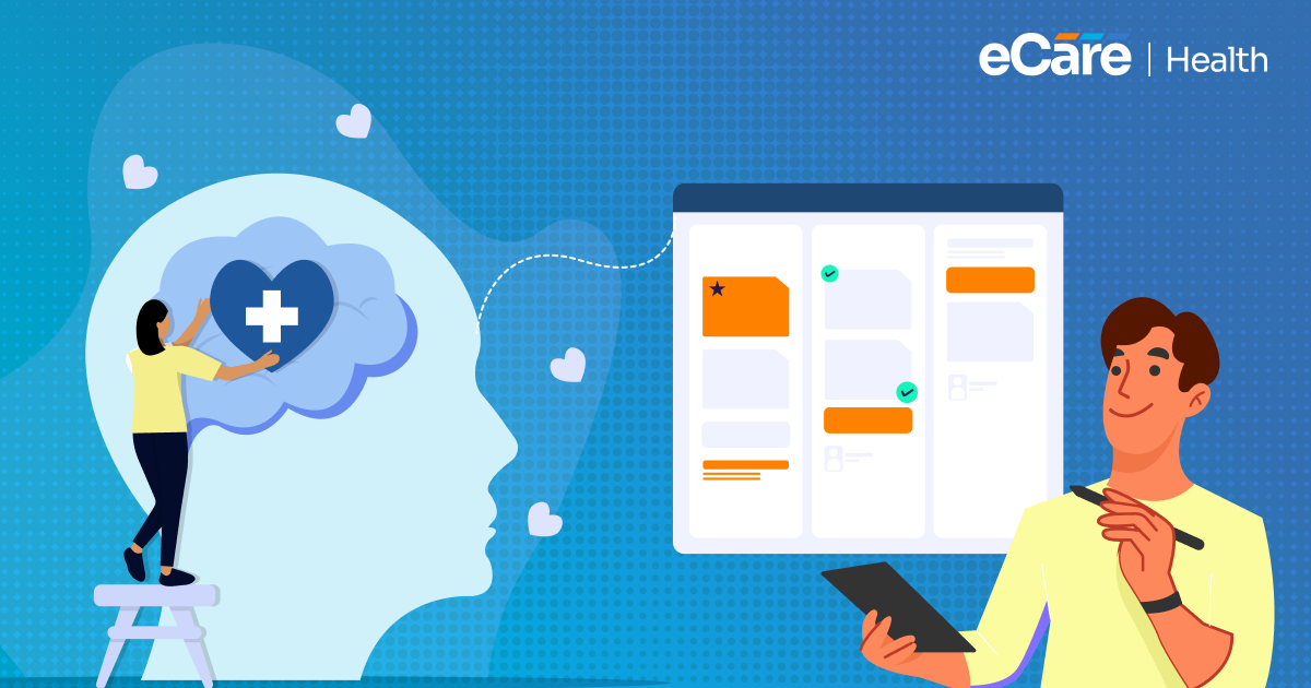 An illustration of healthcare professionals using an eCareHealth EHR dashboard for behavioral and mental health care management.