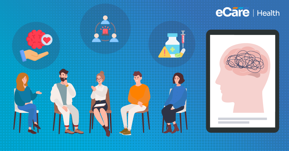 A group therapy circle beside a tablet showing a head-and-brain illustration, with crisis support, care coordination and medication icons above.