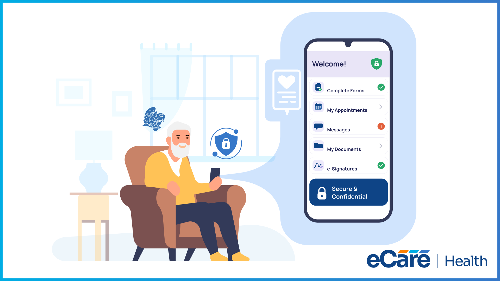 An illustration of a patient using the secure eCareHealth client portal on a smartphone to manage appointments, forms, and messages.