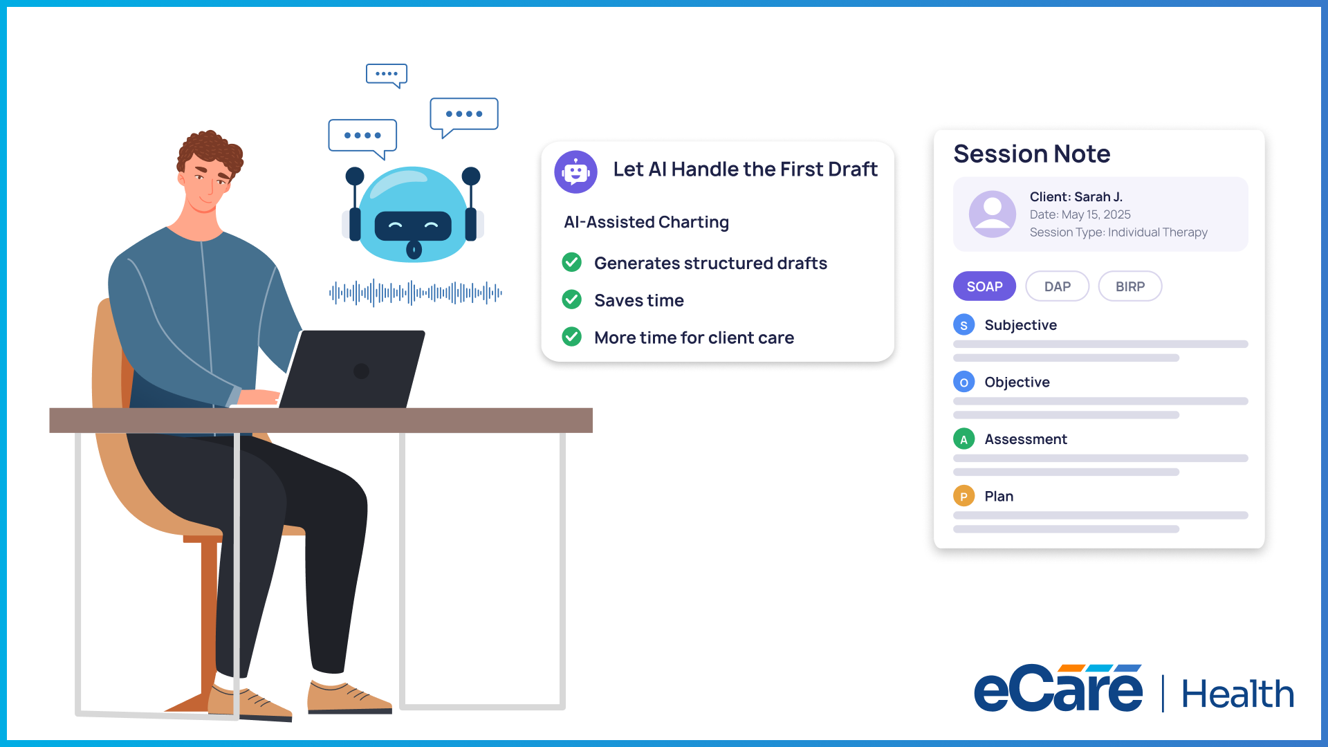 An illustration showing a therapist using AI-assisted charting software to automatically generate structured session notes in eCareHealth.