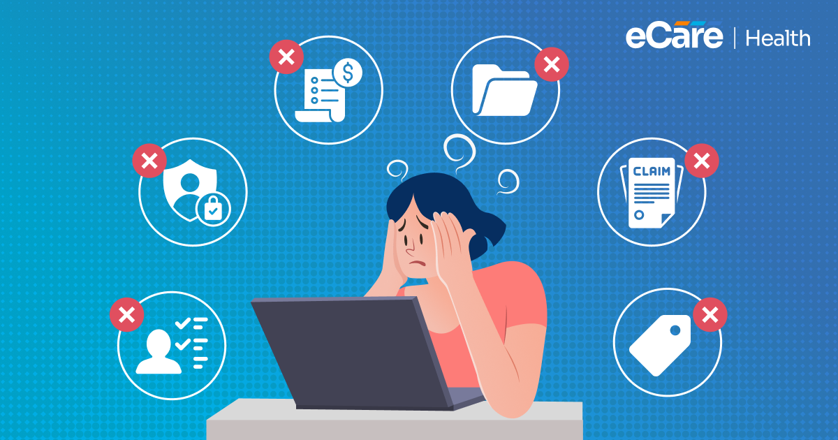 Most common mental health billing mistakes: a stressed provider at a laptop surrounded by red-X error icons for billing, documentation, claims, eligibility, coding, and modifiers.