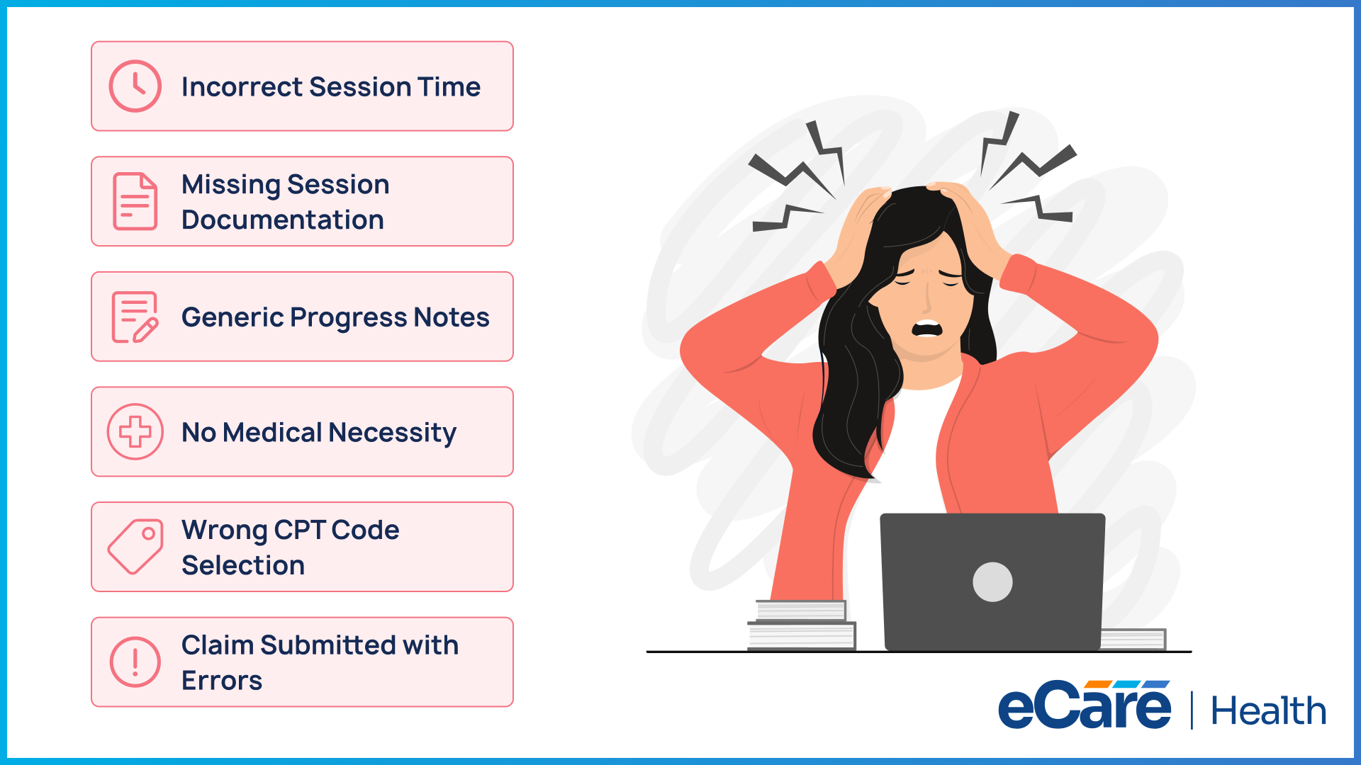 Infographic of common documentation mistakes in mental health billing: incorrect session time, missing session documentation, generic progress notes, no medical necessity, wrong CPT code selection, and claims submitted with errors.