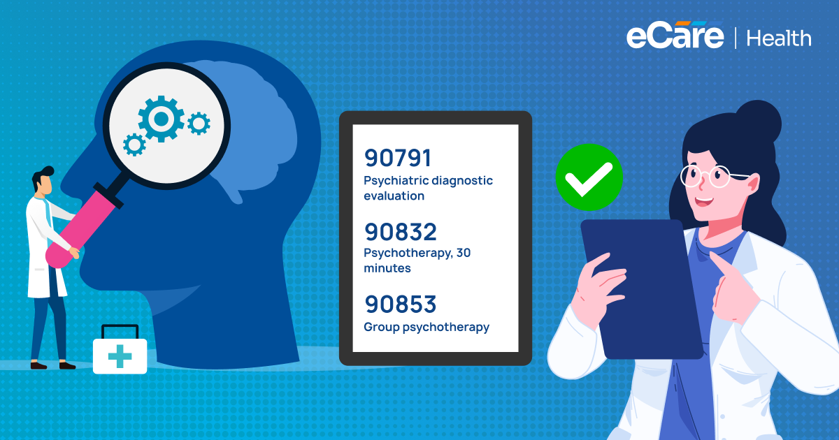 Mental Health CPT Codes in 2026: a provider examining a brain with a magnifying glass beside a tablet listing codes 90791, 90832, and 90853, with a clinician and a green verified checkmark for accurate billing.