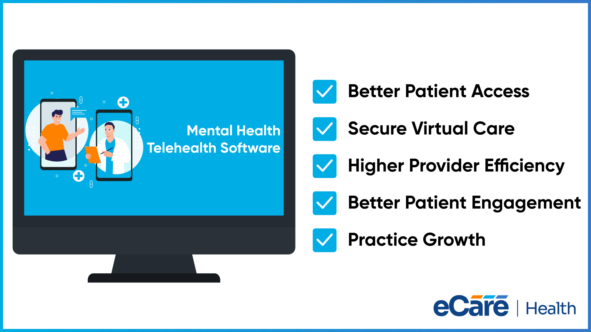A desktop screen showing a mental health telehealth session beside a checklist of benefits: better patient access, secure virtual care, higher provider efficiency, better patient engagement, and practice growth.