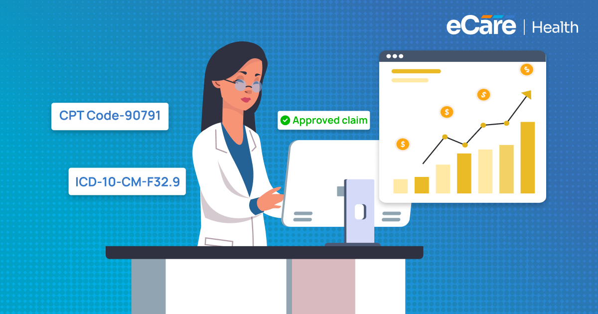 Psychiatry billing software: a provider at a workstation with CPT code 90791 and ICD-10-CM F32.9 tags, an approved claim badge, and a rising revenue chart.