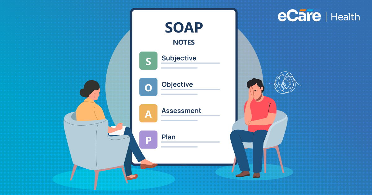 A therapist taking notes across from a distressed patient beside a large SOAP notes template listing Subjective, Objective, Assessment, and Plan sections.