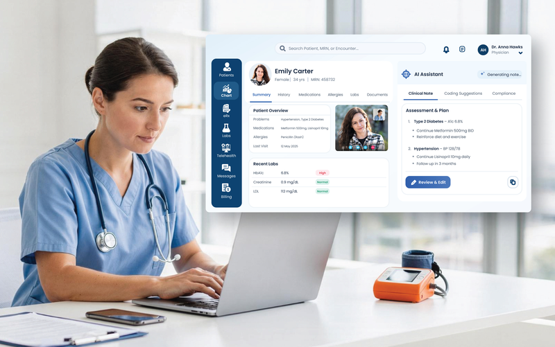 A clinician working at a laptop beside the eCareHealth chart, showing patient overview, recent labs and an AI-assisted assessment and plan