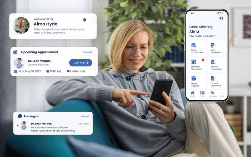 A patient on a phone beside the eCareHealth patient portal showing a welcome card, upcoming appointment and messages from her physician