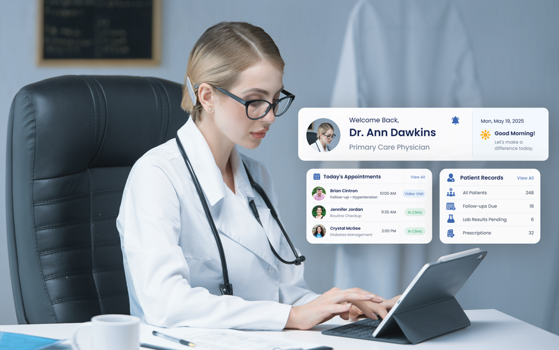 A physician documenting on a tablet beside an eCareHealth dashboard listing the day’s appointments and patient records