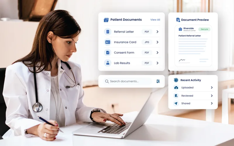 eCareHealth document management: a patient document list with referral letter, insurance card and consent form, a secure document preview and recent upload activity