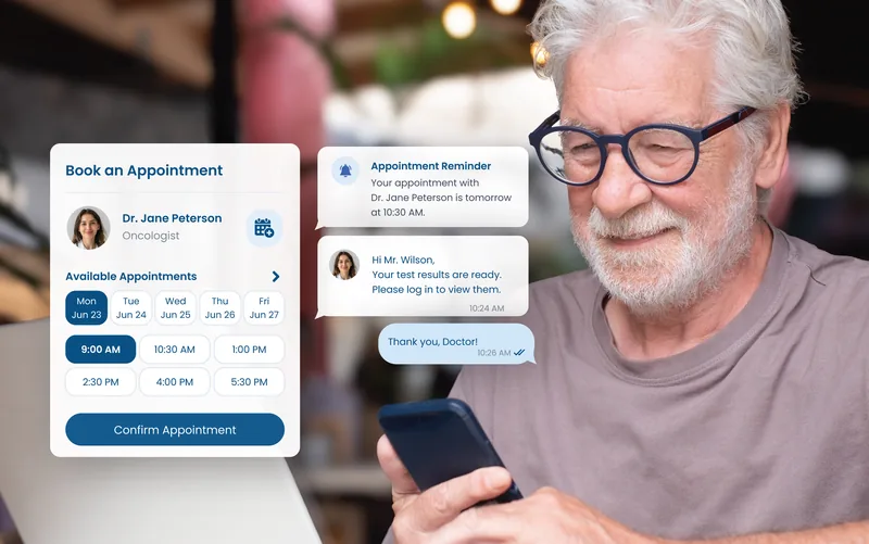 eCareHealth patient communication: a patient booking an appointment on a phone alongside an appointment reminder and a secure two-way message thread