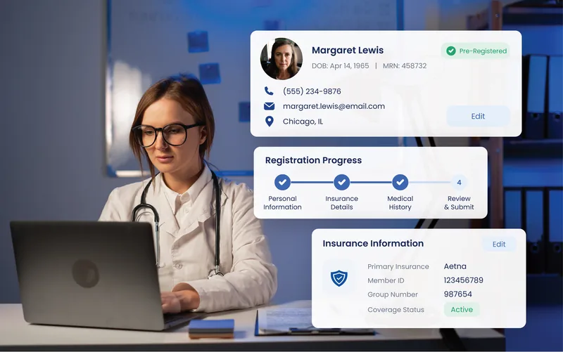 eCareHealth patient registration: a pre-registered patient record, a four-step registration progress tracker and captured insurance details
