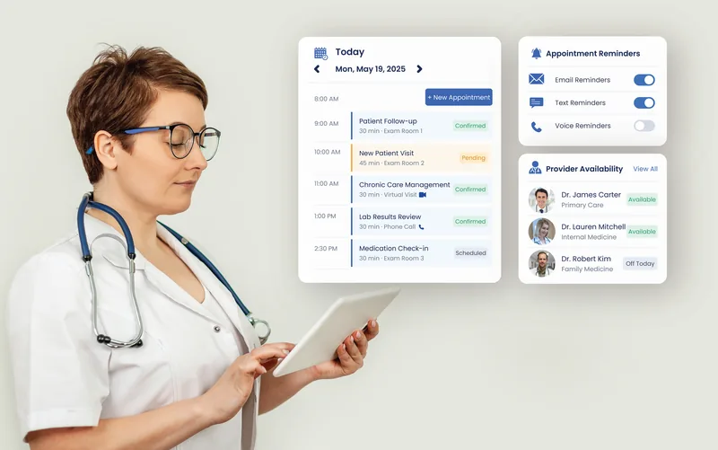 eCareHealth smart scheduling: a day calendar of confirmed and pending appointments beside appointment reminder toggles and a provider availability list
