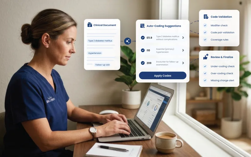 eCareHealth auto-coding: ICD-10 codes suggested from a clinical document beside modifier and code-pair validation and under- and over-coding review