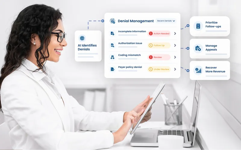 eCareHealth denial management: denials listed by reason with follow-up priority, appeal handling and revenue recovery actions