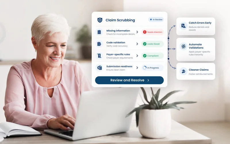 eCareHealth claim scrubbing: a pre-submission checklist flagging missing information, code validation and payer-specific rules before the claim is filed