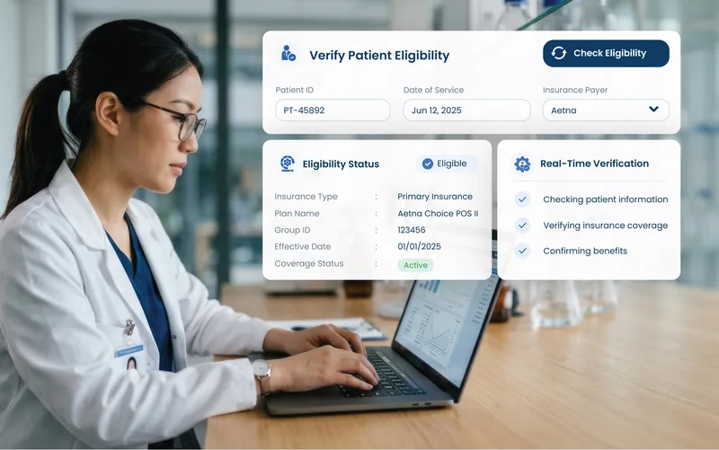 eCareHealth real-time eligibility: a patient eligibility check returning active Aetna coverage alongside a live verification of insurance and benefits
